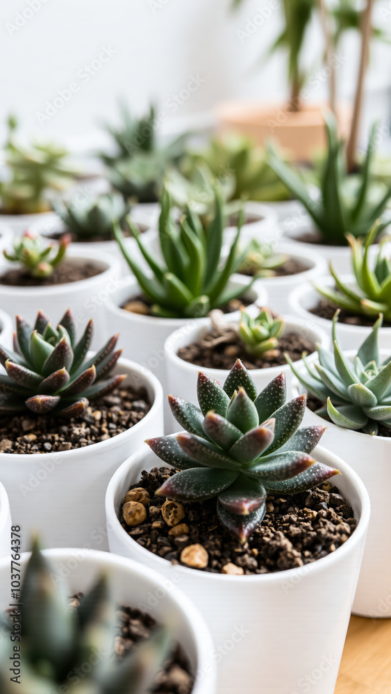 close- view a row succulents white pots close- view a row succulents white pots
