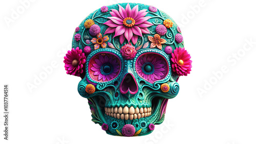 vibrant sugar skull adorned with glowing teal and magenta flowers