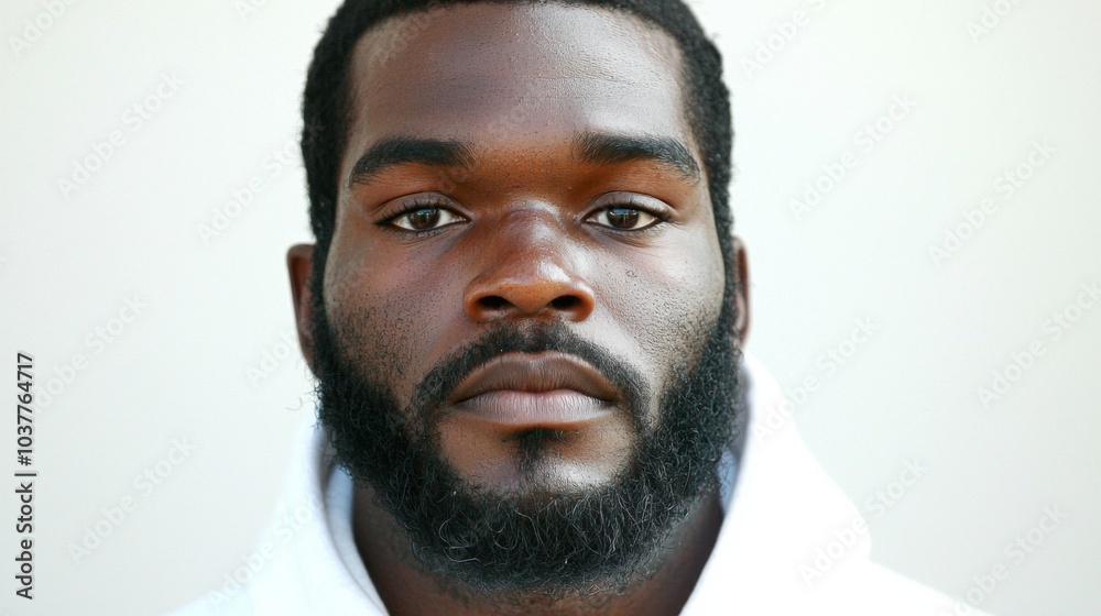 Obraz premium african american man, black hair and beard with some grey in it, wearing white hoodie, brown eyes, light skinned, medium build body type, background is plain white, headshot