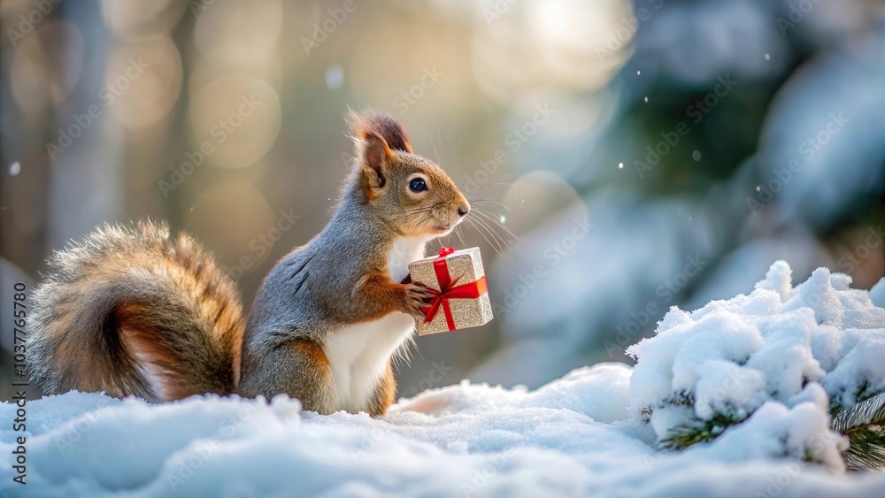 Macro squirrel holding christmas present in snowy forest Macro squirrel holding christmas present in snowy forest