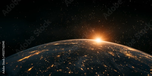 Fototapeta Naklejka Na Ścianę i Meble -  A breathtaking view of Earth from space, with the sun rising over the horizon and illuminating the planet's surface.