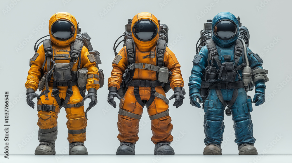Futuristic astronaut figures in distinct colors and gear Futuristic astronaut figures in distinct colors and gear