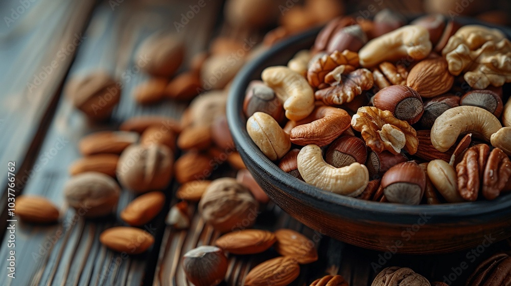 Bowl of assorted mixed nuts on wooden table Bowl of assorted mixed nuts on wooden table