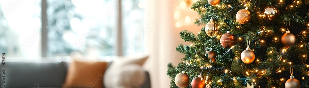 Fototapeta premium Decorated Christmas Tree with Gold Ornaments and Lights