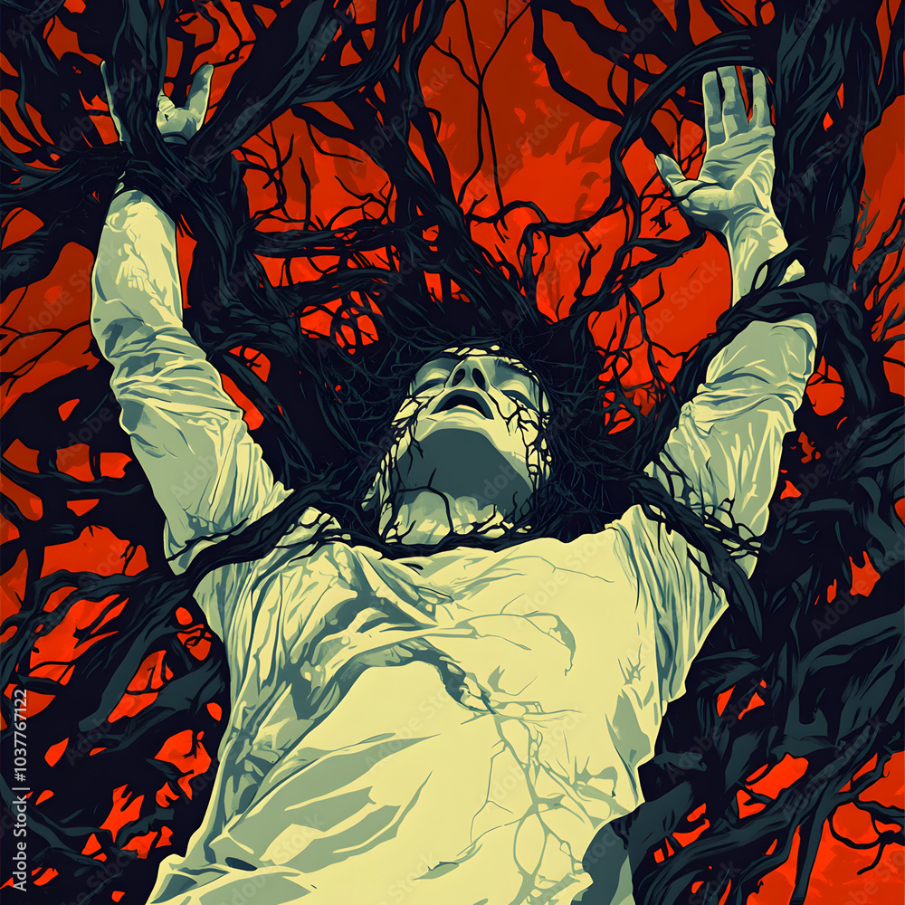 A person in distress, entangled in dark, twisting vines against a fiery red background, symbolizing struggle and desperation in a nightmarish scene. A person in distress, entangled in dark, twisting vines against a fiery red background, symbolizing struggle and desperation in a nightmarish scene.