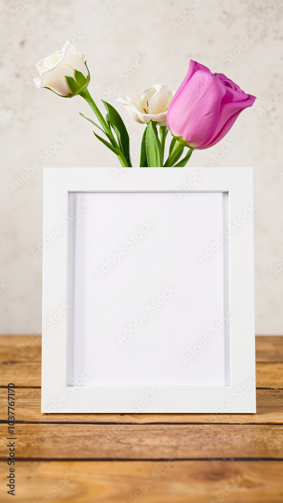 white frame with flowers on a rustic wooden table white frame with flowers on a rustic wooden table
