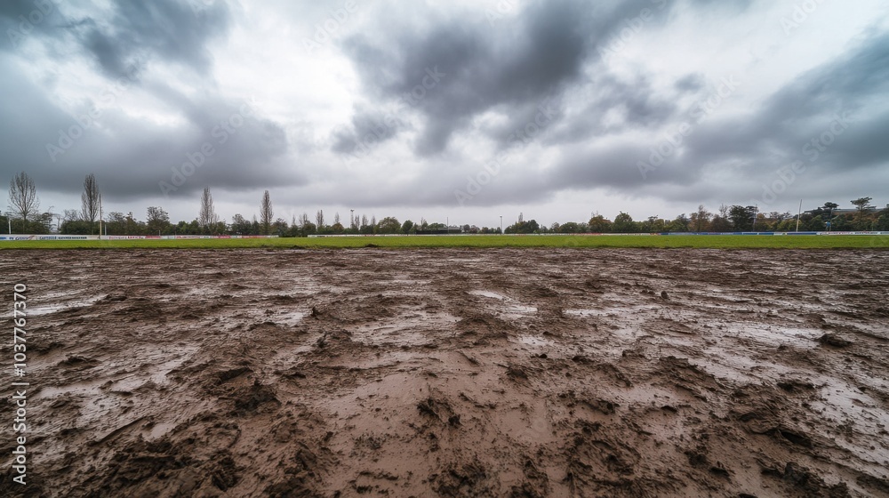Fototapeta premium A rugby field's muddy terrain, outdoor setting with overcast skies, Gritty style
