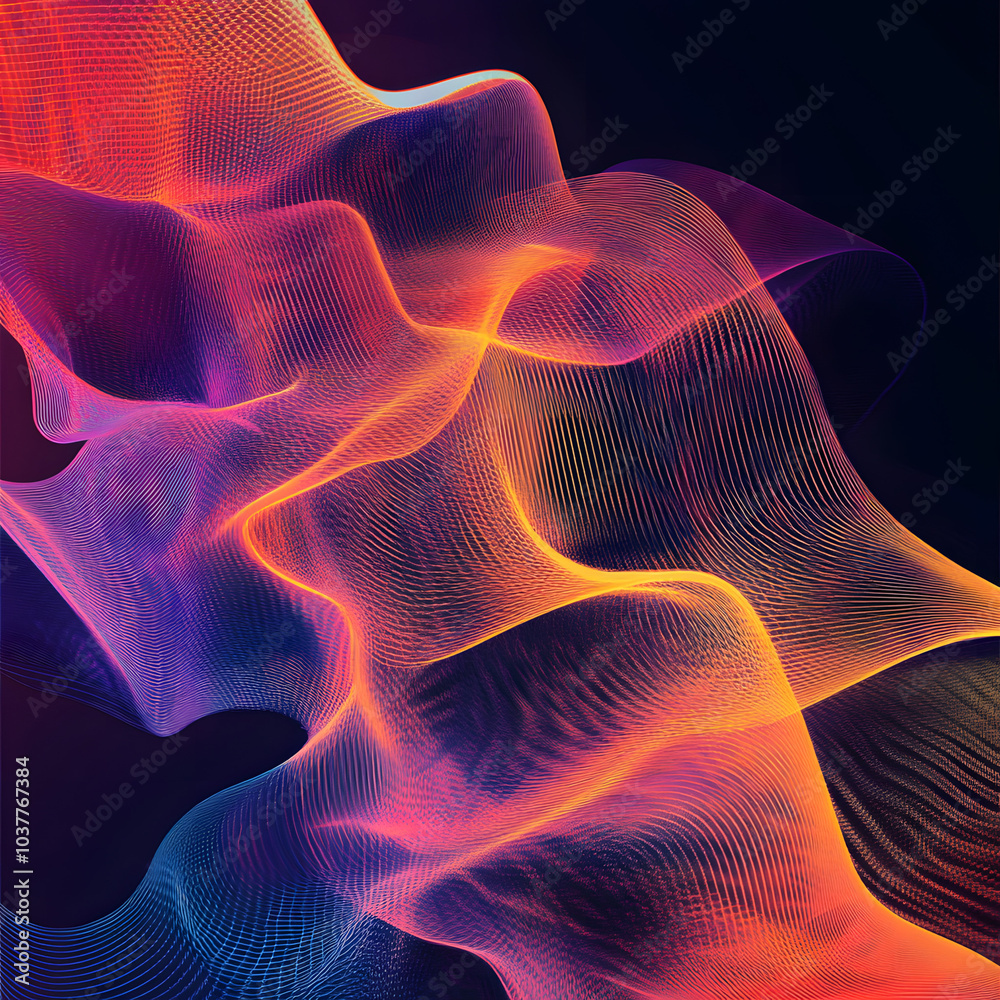 Fototapeta premium A dynamic graphic illustration of flowing, vibrant speech waves in neon colors, representing communication, sound waves, and the fluidity of information in a futuristic and abstract design.