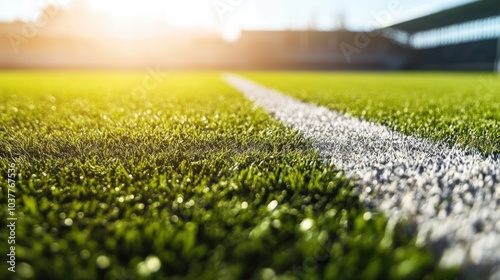 A rugby field's touchline with the grass and sideline markings, outdoor setting under bright sun, Detailed style photo