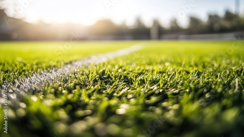 A rugby field's touchline with the grass and sideline markings, outdoor setting under bright sun, Detailed style photo