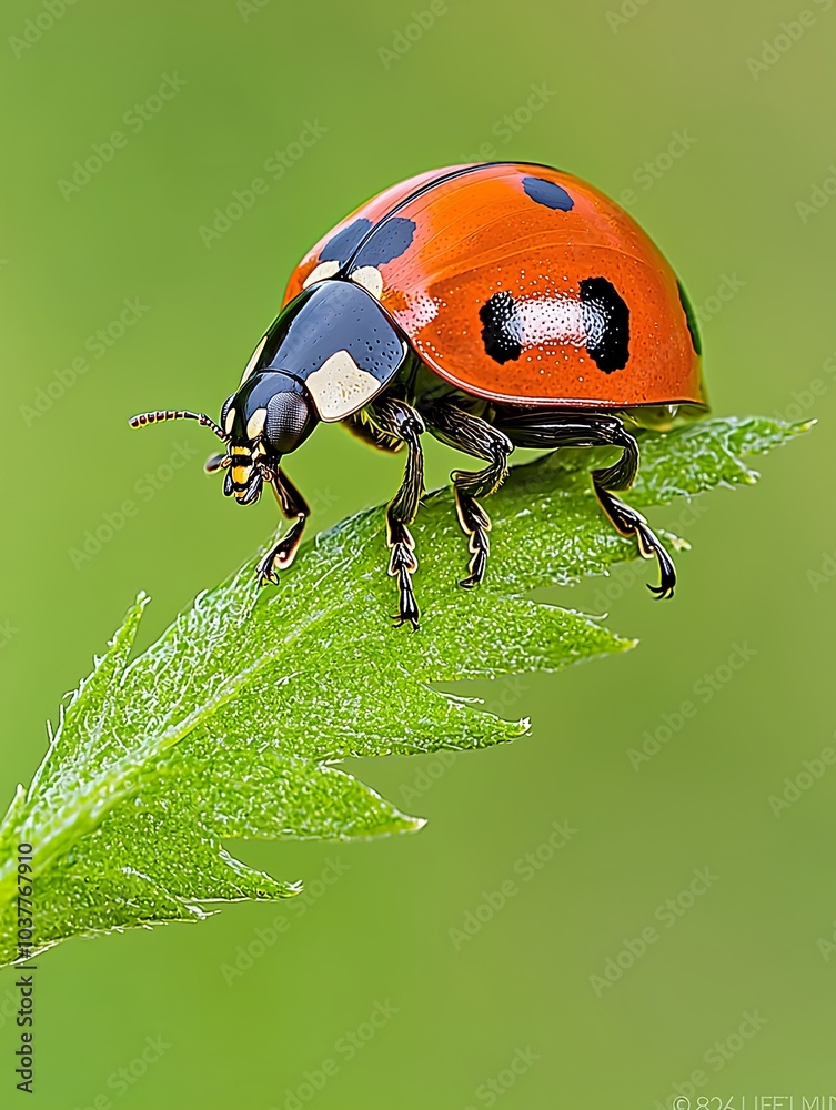 Fototapeta premium Ladybug on Green Leaf in Bright Light
