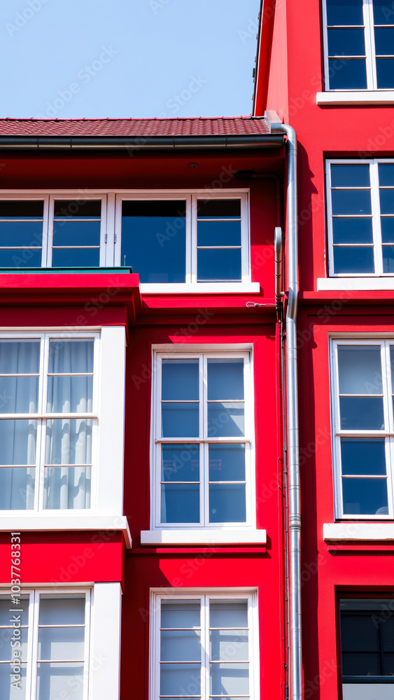 Obraz premium bright red building with white-framed windows