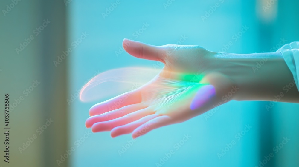 A brightly lit hand with colorful light reflections, showcasing the beauty of light and shadow in a serene environment. A brightly lit hand with colorful light reflections, showcasing the beauty of light and shadow in a serene environment.