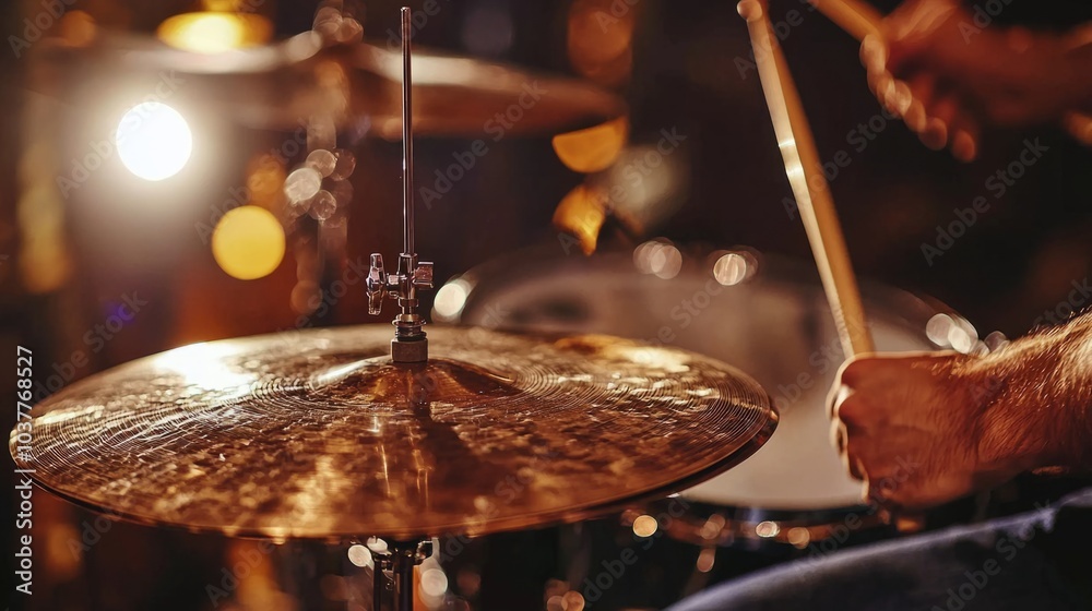 Obraz premium Close-up of drummers hands playing the drums during jazz performance. motion blur and focus on drumsticks