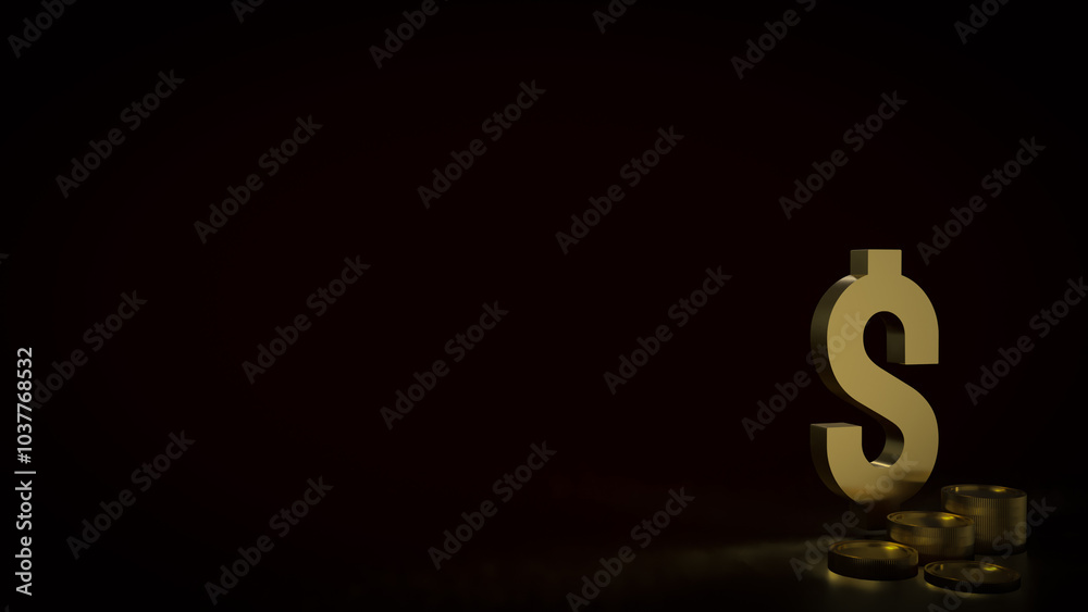 The gold dollar symbol and coins on black background 3d rendering. The gold dollar symbol and coins on black background 3d rendering.