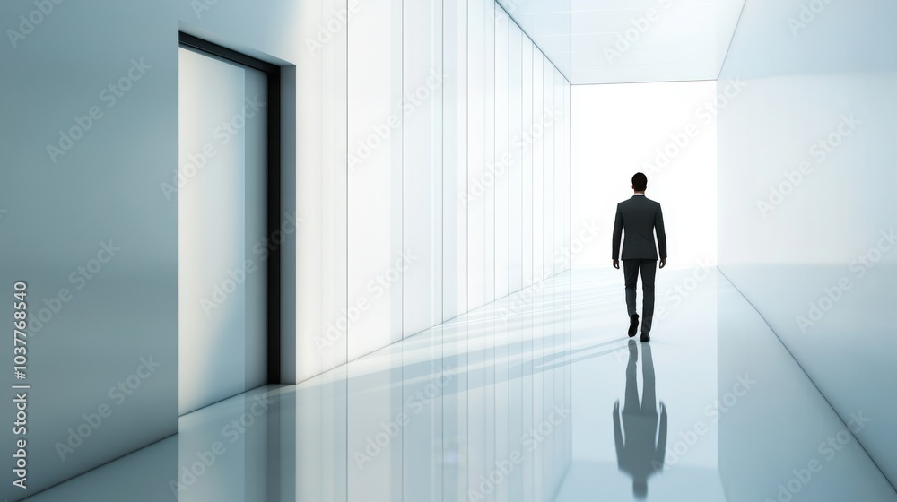 A businessman walks confidently down a sleek, modern corridor, showcasing ambition and determination in a minimalist environment. A businessman walks confidently down a sleek, modern corridor, showcasing ambition and determination in a minimalist environment.