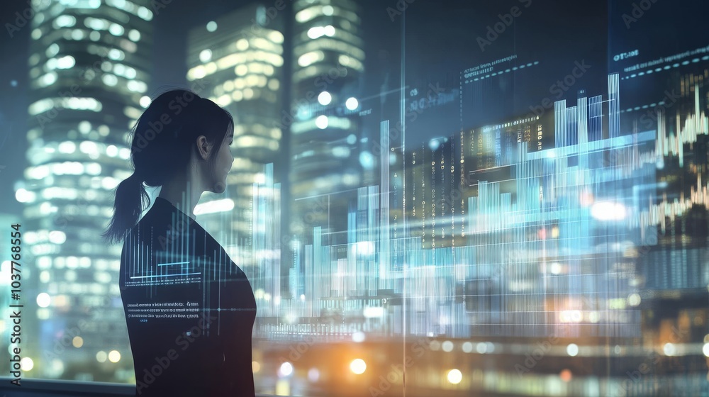 A businesswoman observes digital data trends against a backdrop of city lights, representing innovation and technology. A businesswoman observes digital data trends against a backdrop of city lights, representing innovation and technology.