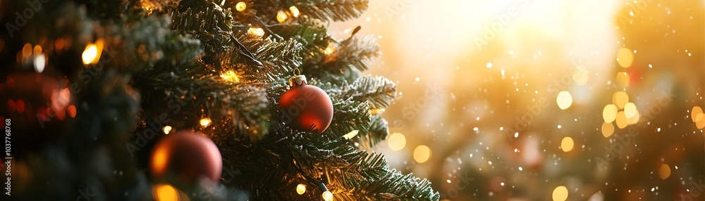 Naklejka premium A Close-Up of a Christmas Tree Decorated with Red Ornaments and String Lights