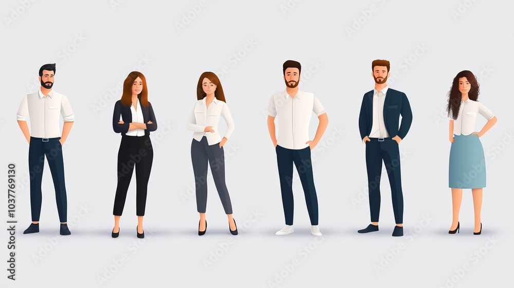 Obraz premium A diverse group of six professionals standing confidently, showcasing modern business attire and teamwork.