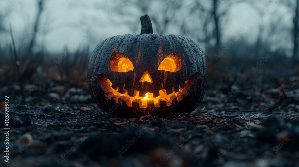 Glowing Jack o  lantern in a Dark Forest