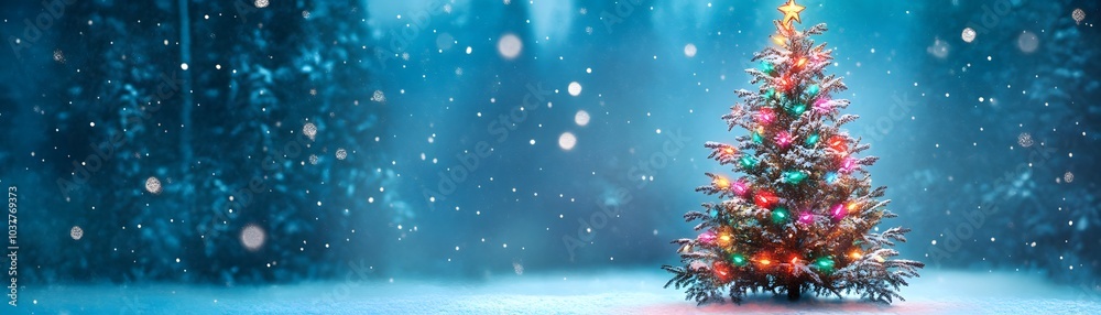 A Snow-Covered Christmas Tree with Lights in a Winter Forest