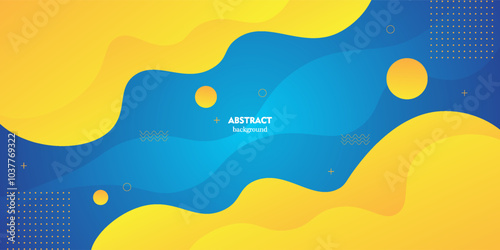 Yellow geometric wave business banner design. Wave and circle shapes on bright blue background. Simple horizontal banner.