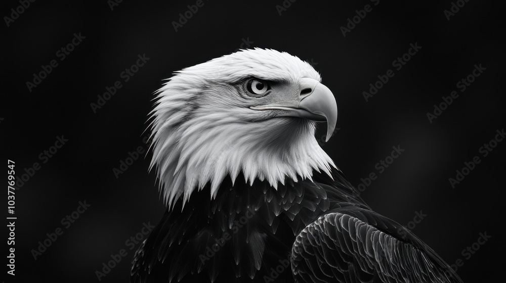A striking black and white portrait of a majestic eagle. A striking black and white portrait of a majestic eagle.