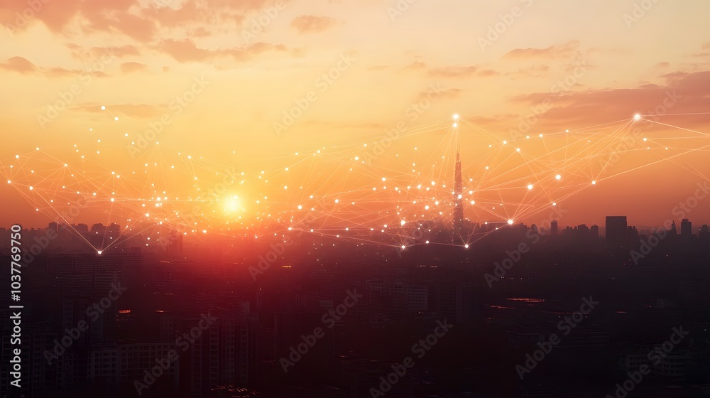 Lines and dots as wireless connection technology icons in the sky over city at sunset. Lines and dots as wireless connection technology icons in the sky over city at sunset.