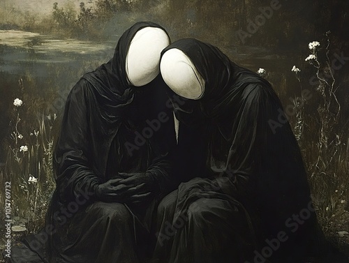 Two Figures in Black Robes: A Surreal and Mysterious Painting