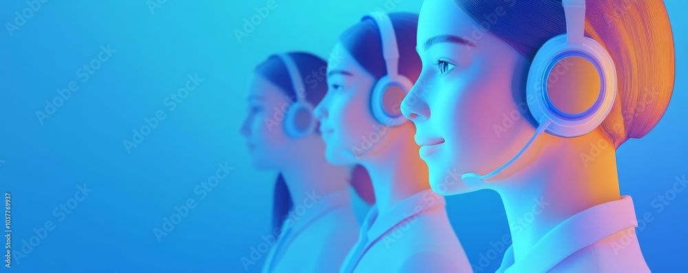 Obraz premium A modern representation of individuals wearing headsets, immersed in a digital atmosphere filled with vibrant blue lighting.