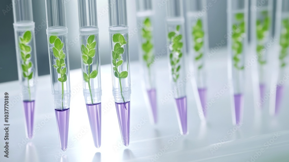 A row of test tubes containing green plant samples in clear liquid, showcasing laboratory research and biological studies. A row of test tubes containing green plant samples in clear liquid, showcasing laboratory research and biological studies.