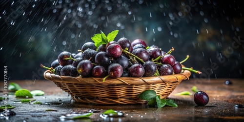 Jabuticabas on wooden vine basket with water drops on dark background, Brazilian Berry, Plinia cauliflora, fruits photo