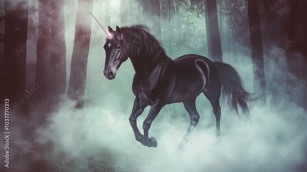 Obraz premium A black unicorn with a glowing horn gallops through a misty forest.