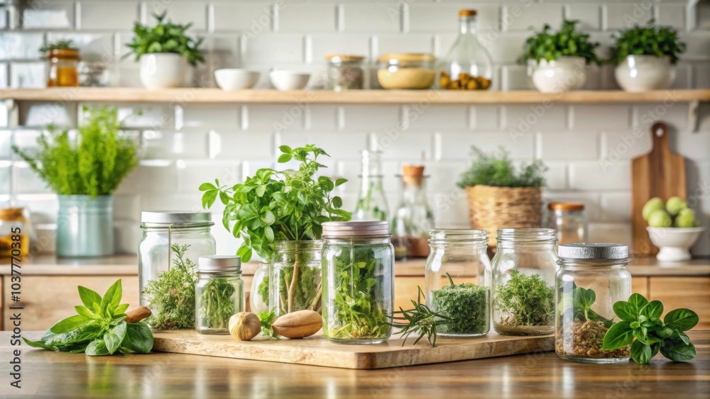 Zero Waste Kitchen with glass jars filled with fresh herbs, promoting sustainable living, Sustainable