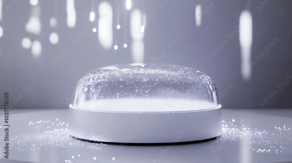 A serene image showcasing a glass dome on a white base, surrounded by delicate particles, creating a magical ambiance.