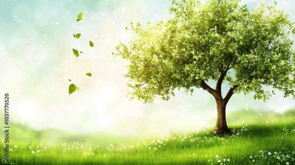 A serene landscape featuring a lush green tree surrounded by vibrant grass and soft sunlight, conveying peace and tranquility. A serene landscape featuring a lush green tree surrounded by vibrant grass and soft sunlight, conveying peace and tranquility.