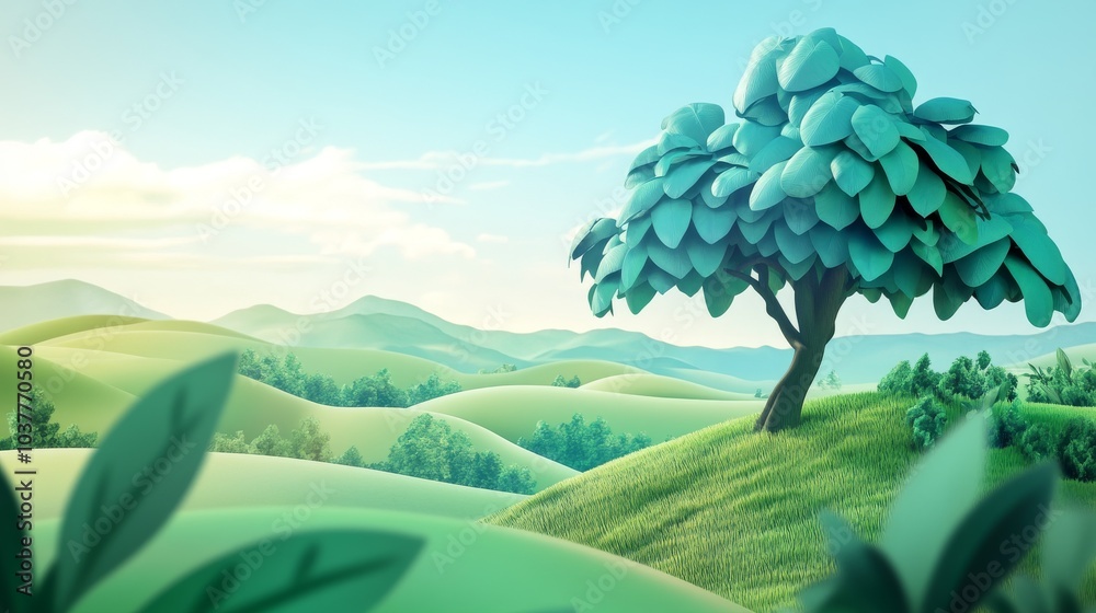 Obraz premium A serene landscape featuring a vibrant tree amidst rolling hills and a gentle sky, perfect for nature-themed projects.