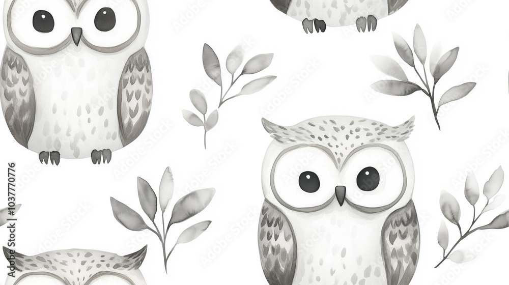 Fototapeta premium Seamless pattern of cute watercolor owls and leaves, nursery, kids, baby, animal, nature, childish, wallpaper, fabric