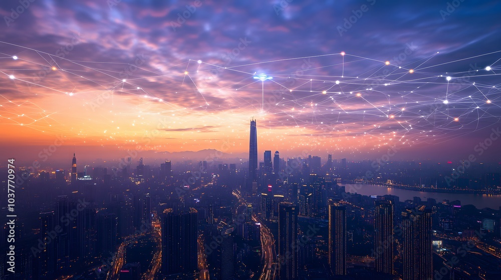 Fototapeta premium Wireless network and Connection technology concept with Abstract Bangkok city background in panorama view. 