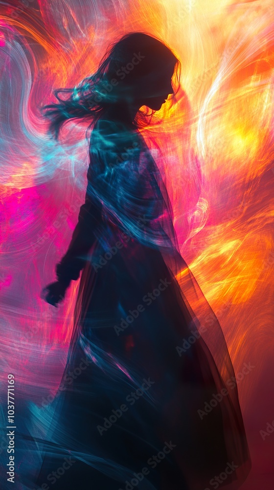 Silhouette of a Woman in a Flowing Dress with Light Painting Silhouette of a Woman in a Flowing Dress with Light Painting