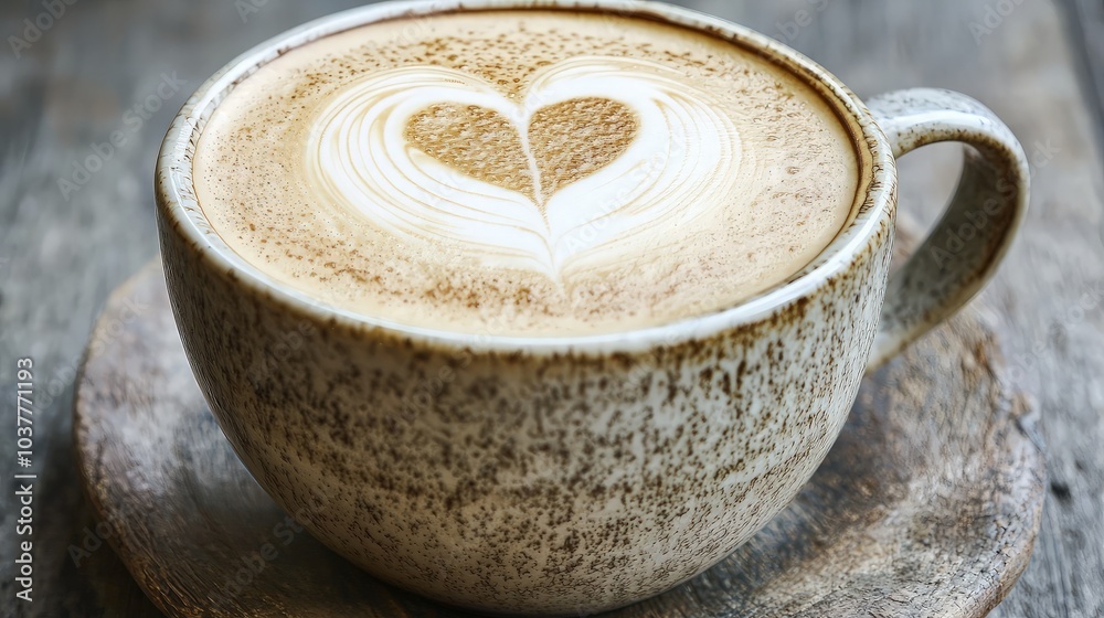 A cup of cappuccino with latte art in the shape of a heart on a wooden table. A cup of cappuccino with latte art in the shape of a heart on a wooden table.
