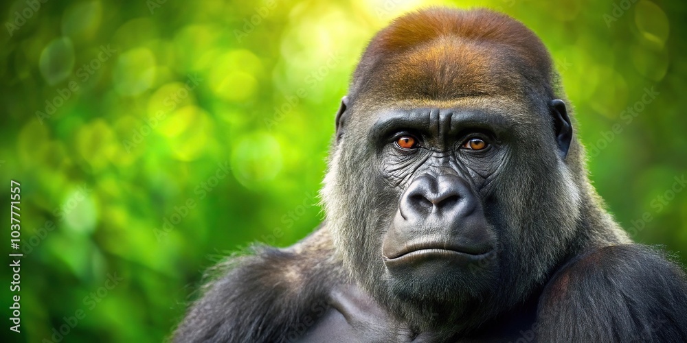 Majestic gorilla with steady gaze on green background bird eye view Majestic gorilla with steady gaze on green background bird eye view