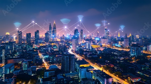 Wallpaper Mural Wireless network and Connection technology concept with Abstract Bangkok city background in panorama view.  Torontodigital.ca