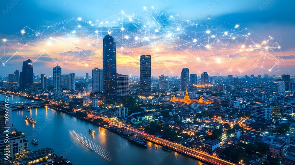 Fototapeta premium Wireless network and Connection technology concept with Abstract Bangkok city background in panorama view. 