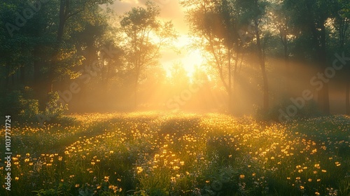 Golden Hour in a Misty Forest Meadow