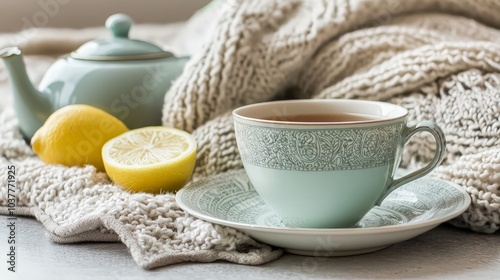 A cup of tea with lemon and a cozy knitted blanket. photo