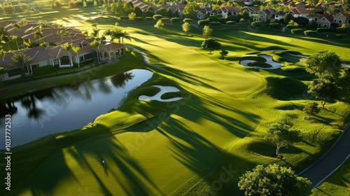 Aerial View of Golf Course with Green Grass and Water Features