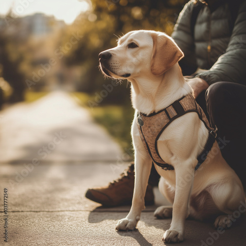 Guide dog sitting beside its blind owner, harness visible, soft daylite highlighting the dog's fur, peaceful and trusting atmosphere, blurred background with a sidewalk and gentle greenery photo