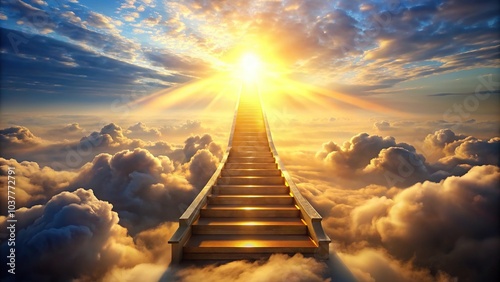 Majestic staircase ascending through clouds towards radiant golden light