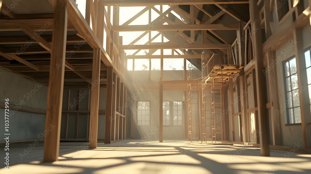 3D Cartoon Construction Site of a New House Frame with Wooden Beams and Scaffolding, Capturing the Progress and Potential - 3D Cartoon Construction Site of a New House Frame with Wooden Beams and Scaffolding, Capturing the Progress and Potential -